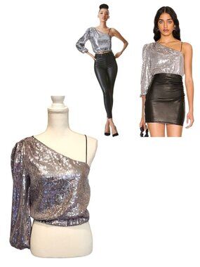 NWT Alice + Olivia Lucinda Sequin Asymmetric One Shoulder Blouson Silver Top S